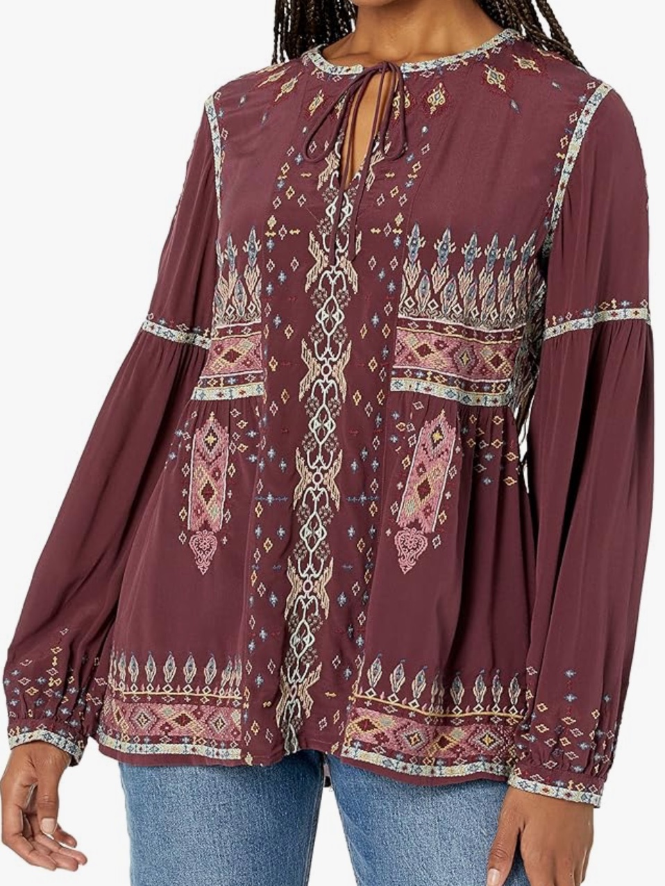 Johnny Was Deliza Blouse Silk Embroidered Long Sleeve Top Vino Noir Burgundy L